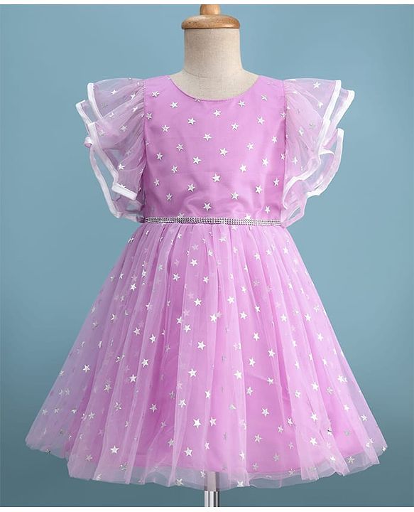 Pine Kids Woven Flutter Sleeves Party Dress With Glitter Star Print - Lilac