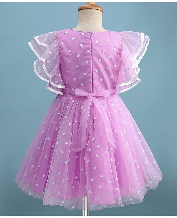 Pine Kids Woven Flutter Sleeves Party Dress With Glitter Star Print - Lilac