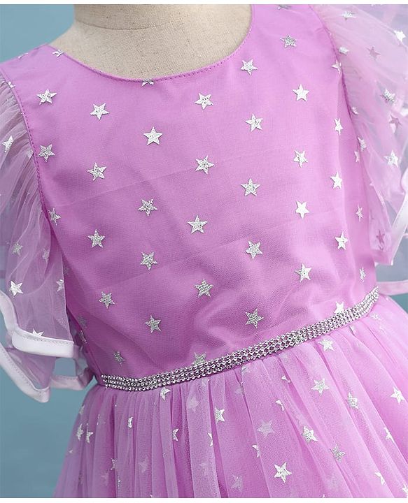 Pine Kids Woven Flutter Sleeves Party Dress With Glitter Star Print - Lilac