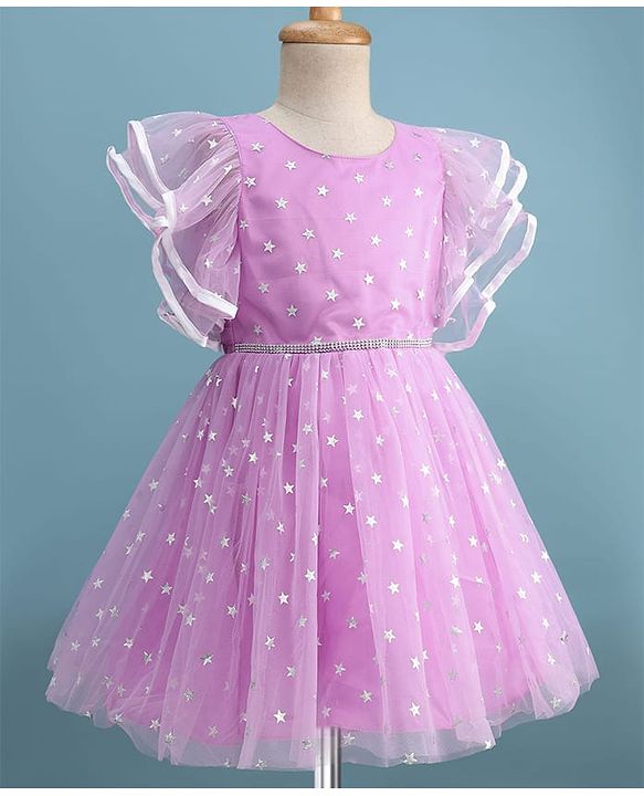 Pine Kids Woven Flutter Sleeves Party Dress With Glitter Star Print - Lilac