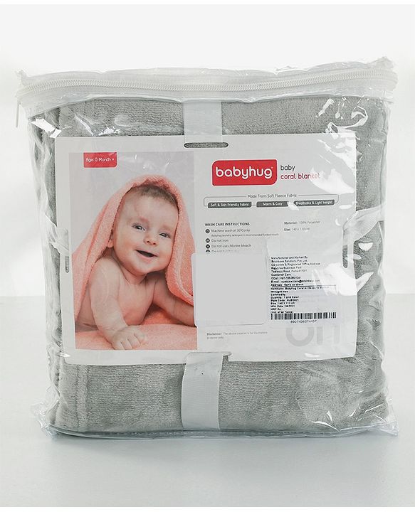 Babyhug Super Soft Coral Fleece Baby Blanket with Ultra-Soft Lightweight & Breathable Blanket  - Grey