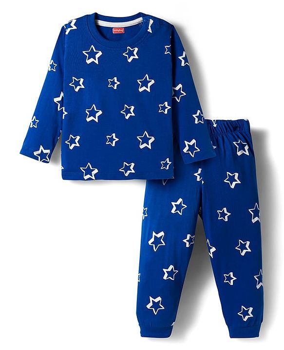 Babyhug Cotton Knit Full Sleeves Co-ords Night Suit With Star Print - Blue