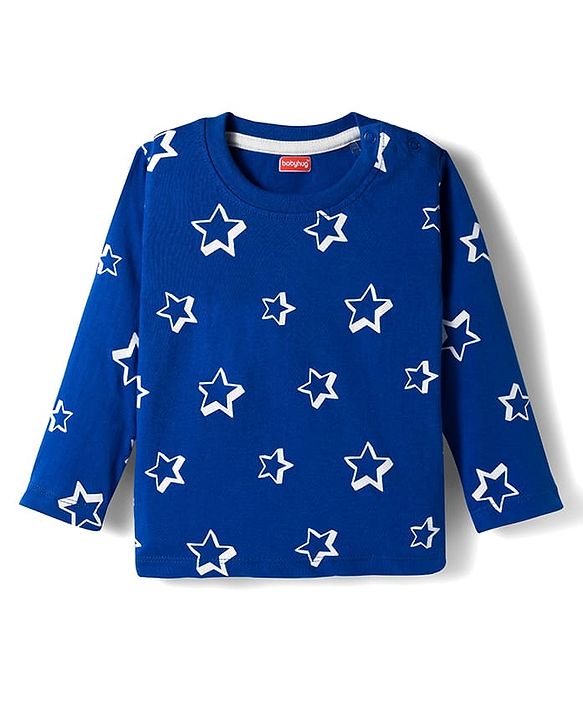 Babyhug Cotton Knit Full Sleeves Co-ords Night Suit With Star Print - Blue