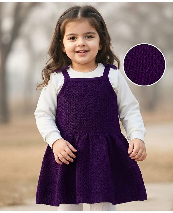 Babyhug Knitted Solid Woollen Dress & Full Sleeves Inner Tee - Purple & White