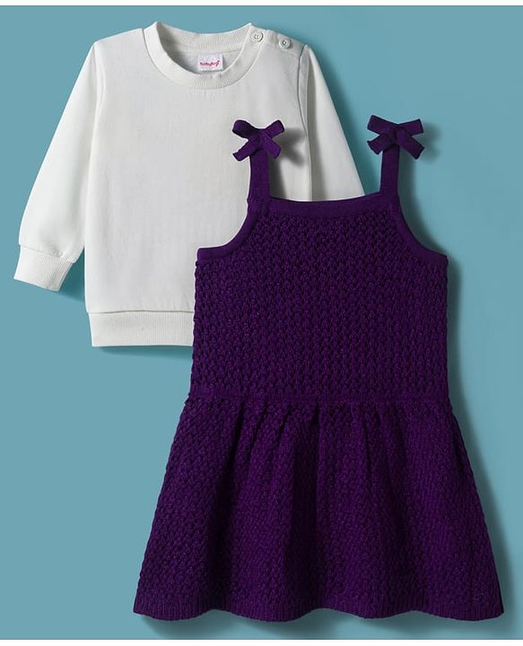 Babyhug Knitted Solid Woollen Dress & Full Sleeves Inner Tee - Purple & White