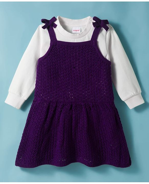 Babyhug Knitted Solid Woollen Dress & Full Sleeves Inner Tee - Purple & White