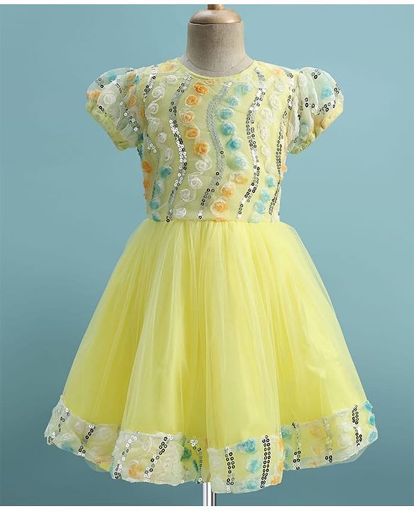 Pine Kids Woven Half Sleeves Party Dress With Floral Applique & Sequin Detailing - Yellow