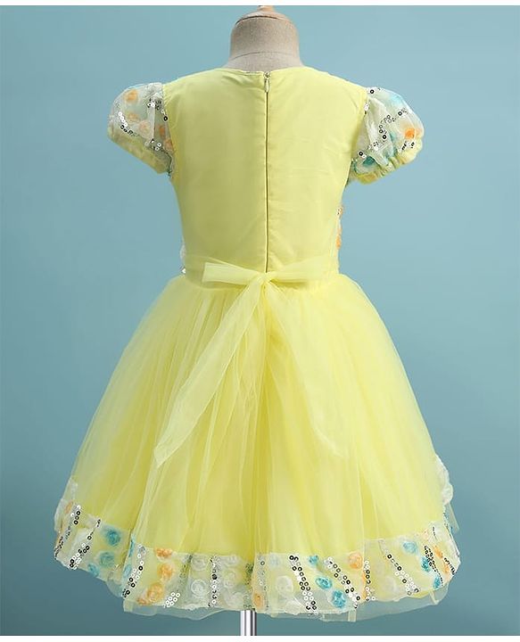 Pine Kids Woven Half Sleeves Party Dress With Floral Applique & Sequin Detailing - Yellow