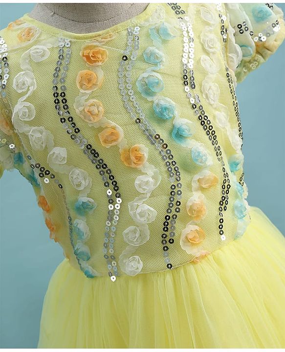 Pine Kids Woven Half Sleeves Party Dress With Floral Applique & Sequin Detailing - Yellow