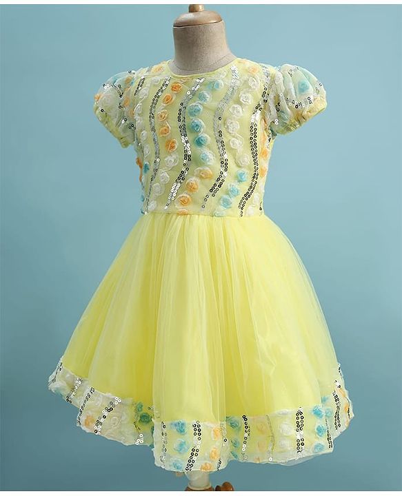 Pine Kids Woven Half Sleeves Party Dress With Floral Applique & Sequin Detailing - Yellow