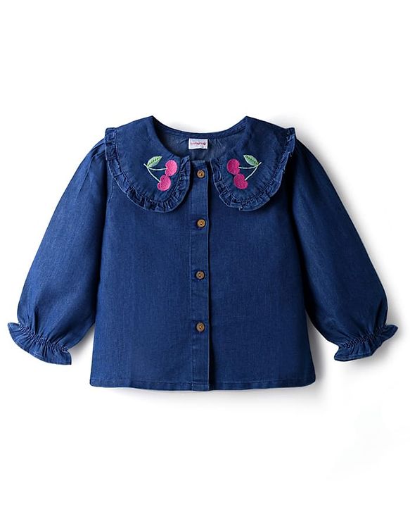 Babyhug  Denim Woven Full Sleeves Washed Peter Pan Collar Top with Embroidery - Navy Blue