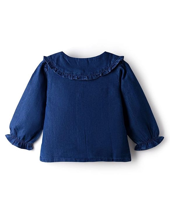 Babyhug  Denim Woven Full Sleeves Washed Peter Pan Collar Top with Embroidery - Navy Blue