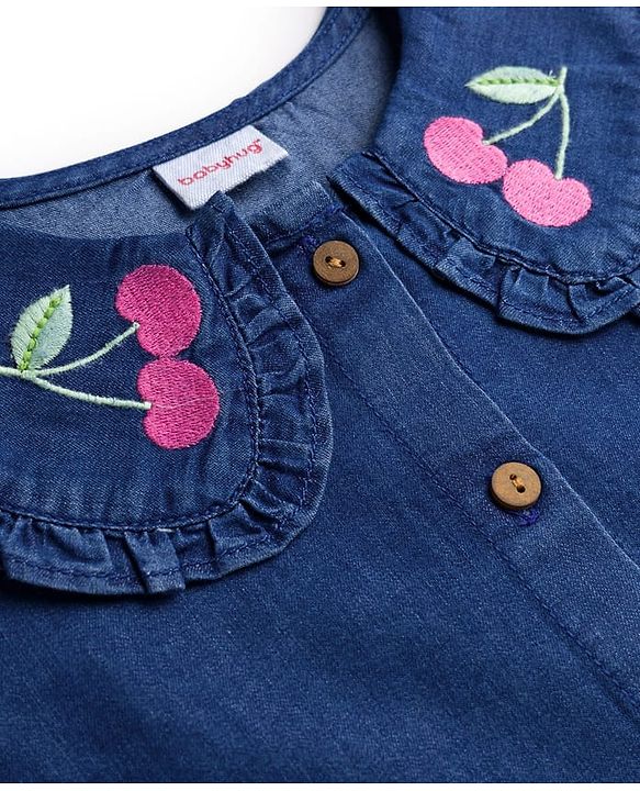 Babyhug  Denim Woven Full Sleeves Washed Peter Pan Collar Top with Embroidery - Navy Blue