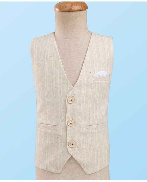 Babyhug Premium Linen Woven Full Sleeves Solid Party Suit With Bow - Beige