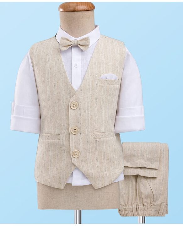 Babyhug Premium Linen Woven Full Sleeves Solid Party Suit With Bow - Beige