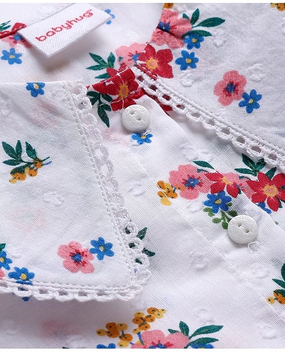 Babyhug 100% Cotton Woven Full Sleeves Floral & Swiss Dot Printed Peter Pan Collar Top - White