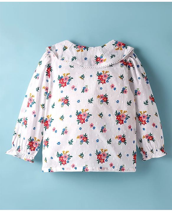 Babyhug 100% Cotton Woven Full Sleeves Floral & Swiss Dot Printed Peter Pan Collar Top - White