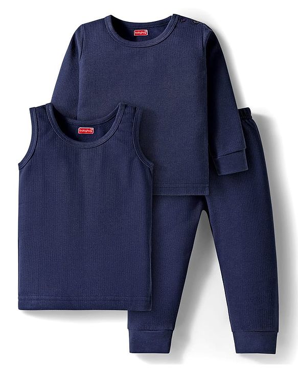 Babyhug Knit Full Sleeves Solid Colour Thermal Inner Wear Set - Navy Blue