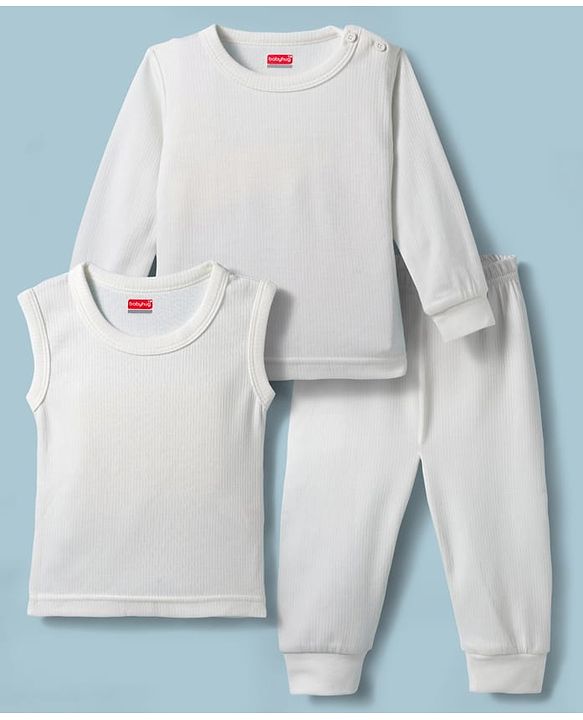 Babyhug Knit Full Sleeves Solid Color Pullover & Sleeveless Thermal Vest & Pant Set - Offwhite