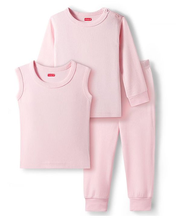 Babyhug Knit Full Sleeves Solid Color Pullover & Sleeveless Thermal Vest & Pant Set - Pink