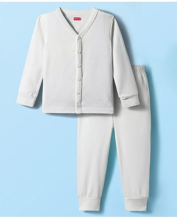 Babyhug Knit Full Sleeves Front Open Solid Thermal Set - Off White