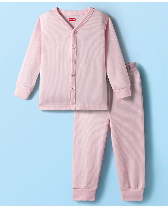 Babyhug Knit Full Sleeves Front Open Solid Thermal Set - Pink