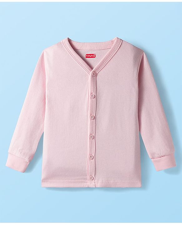 Babyhug Knit Full Sleeves Front Open Solid Thermal Set - Pink