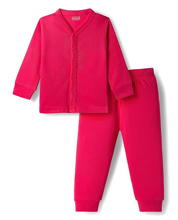 Babyhug Knit Full Sleeves Solid Color Thermal Vest & Pant Set - Red