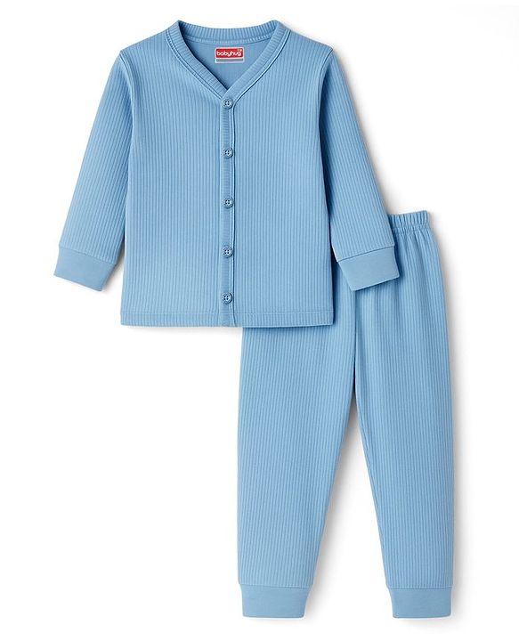 Babyhug Knit Full Sleeves Solid Colour Thermal Inner Wear Set - Light Blue