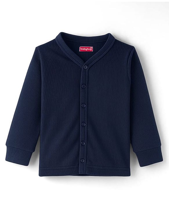 Babyhug Knit Full Sleeves Solid Thermal Inner Wear Front Open & Pullover Vest Pack of 2 - Navy Blue