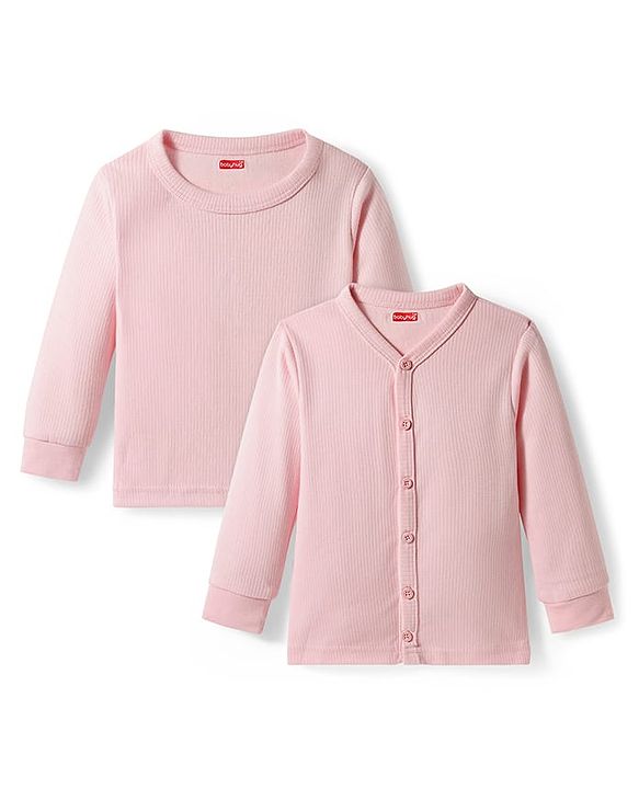 Babyhug Knit Full Sleeves Solid Color Front open & Pullover Thermal Inner Wear Vest Pack of 2 - Pink