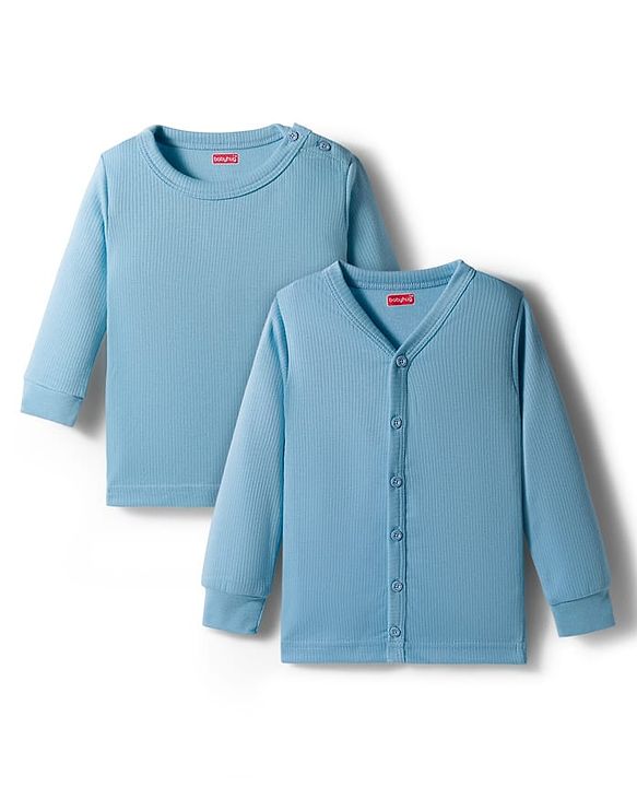 Babyhug Knit Full Sleeves Solid Color Front Open & Pullover Thermal Wear Vests Pack of 2 - Light Blue