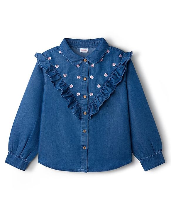 Babyhug Denim Woven Full Sleeves Floral Embroidered Top with Frill Detailing - Navy Blue