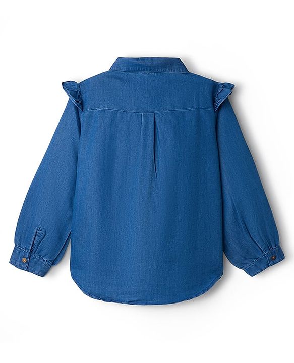 Babyhug Denim Woven Full Sleeves Floral Embroidered Top with Frill Detailing - Navy Blue