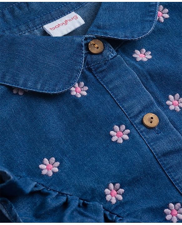 Babyhug Denim Woven Full Sleeves Floral Embroidered Top with Frill Detailing - Navy Blue