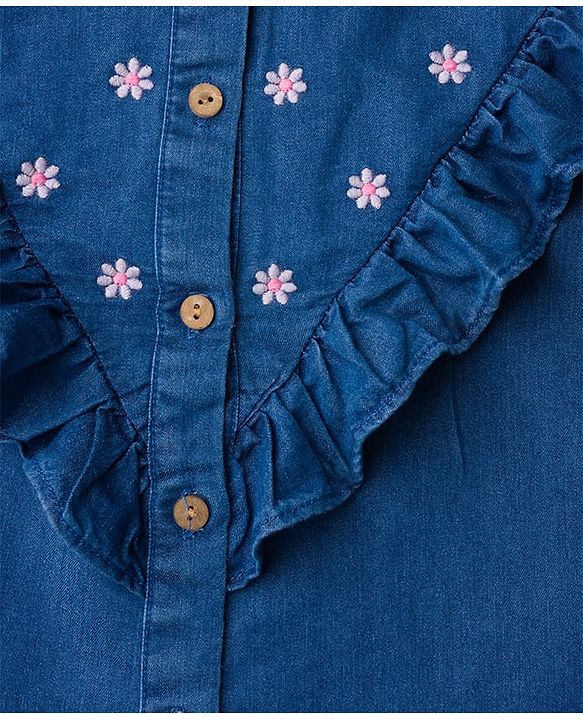 Babyhug Denim Woven Full Sleeves Floral Embroidered Top with Frill Detailing - Navy Blue