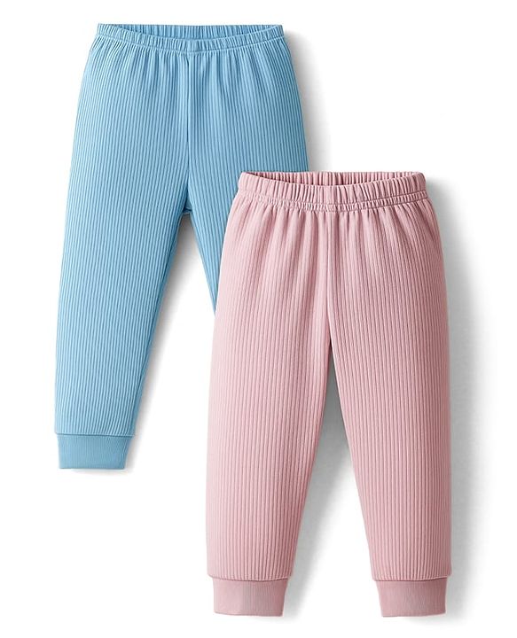 Babyhug Knit Full Length Solid Thermal Pants Pack of 2 - Pink & Light Blue