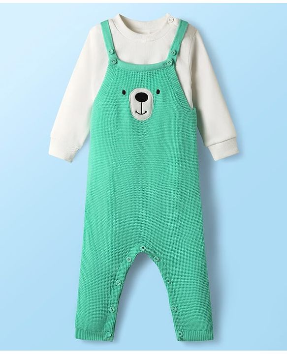 Babyhug Knit Winter Wear Romper & Full Sleeves Inner Tee With Teddy Bear Embroidery - Aqua Blue & White