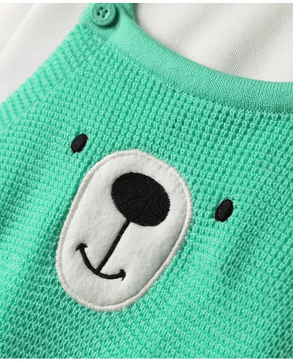 Babyhug Knit Winter Wear Romper & Full Sleeves Inner Tee With Teddy Bear Embroidery - Aqua Blue & White
