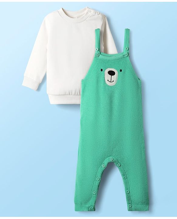 Babyhug Knit Winter Wear Romper & Full Sleeves Inner Tee With Teddy Bear Embroidery - Aqua Blue & White