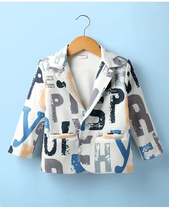 Babyhug Knit Full Sleeves Text Printed Blazer with T-Shirt - White