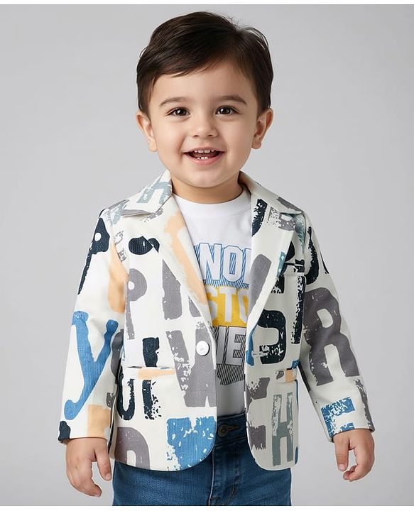 Babyhug Knit Full Sleeves Text Printed Blazer with T-Shirt - White