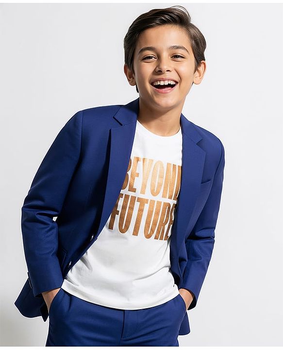 Pine Kids Knit Full Sleeves Solid Blazer with Printed Inner Tee - Blue