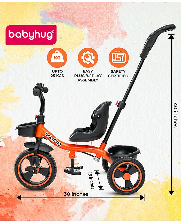 Babyhug Tricycle with Parental Push Handle-Orange| Safety Harness| Foldable Footrest| Storage Baskets| Anti-Slip Pedals| Adjustable Push Bar| Puncture Proof Wheels| Comfortable Seat| High Backrest