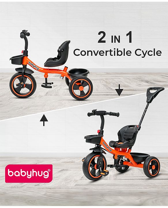 Babyhug Tricycle with Parental Push Handle-Orange| Safety Harness| Foldable Footrest| Storage Baskets| Anti-Slip Pedals| Adjustable Push Bar| Puncture Proof Wheels| Comfortable Seat| High Backrest