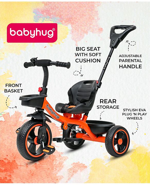 Babyhug Tricycle with Parental Push Handle-Orange| Safety Harness| Foldable Footrest| Storage Baskets| Anti-Slip Pedals| Adjustable Push Bar| Puncture Proof Wheels| Comfortable Seat| High Backrest