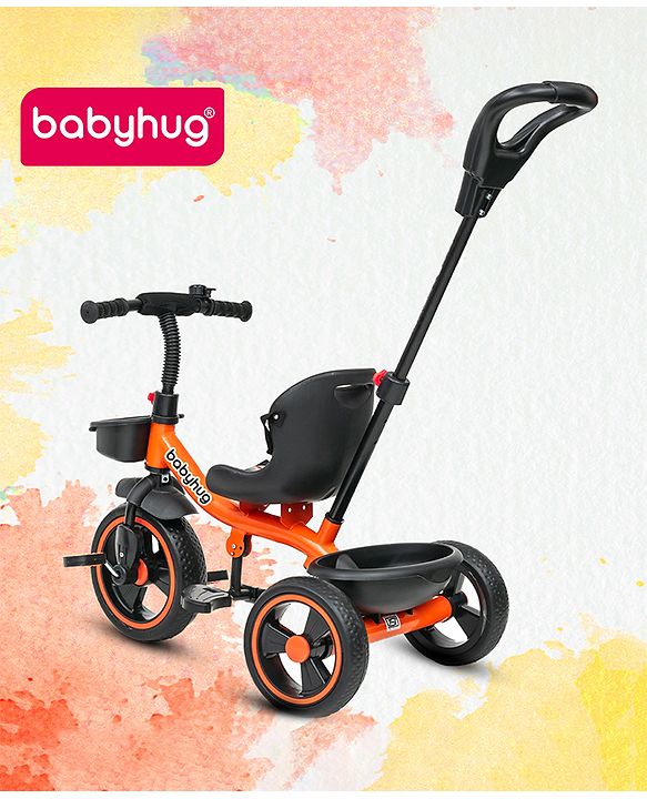Babyhug Tricycle with Parental Push Handle-Orange| Safety Harness| Foldable Footrest| Storage Baskets| Anti-Slip Pedals| Adjustable Push Bar| Puncture Proof Wheels| Comfortable Seat| High Backrest