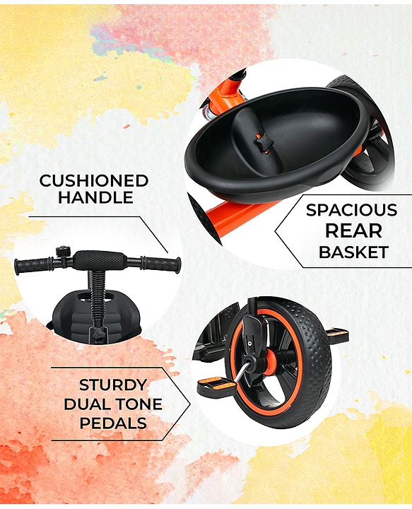 Babyhug Tricycle with Parental Push Handle-Orange| Safety Harness| Foldable Footrest| Storage Baskets| Anti-Slip Pedals| Adjustable Push Bar| Puncture Proof Wheels| Comfortable Seat| High Backrest