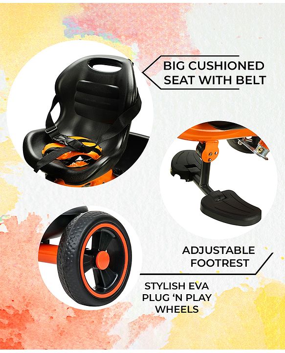 Babyhug Tricycle with Parental Push Handle-Orange| Safety Harness| Foldable Footrest| Storage Baskets| Anti-Slip Pedals| Adjustable Push Bar| Puncture Proof Wheels| Comfortable Seat| High Backrest