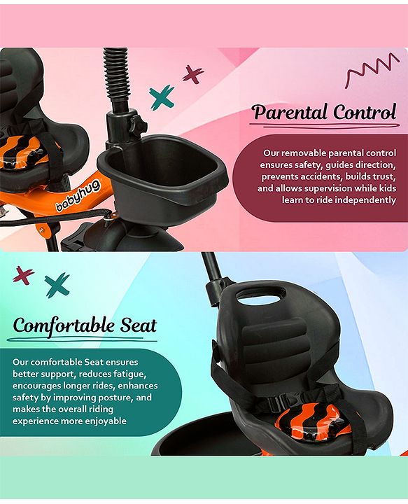 Babyhug Tricycle with Parental Push Handle-Orange| Safety Harness| Foldable Footrest| Storage Baskets| Anti-Slip Pedals| Adjustable Push Bar| Puncture Proof Wheels| Comfortable Seat| High Backrest